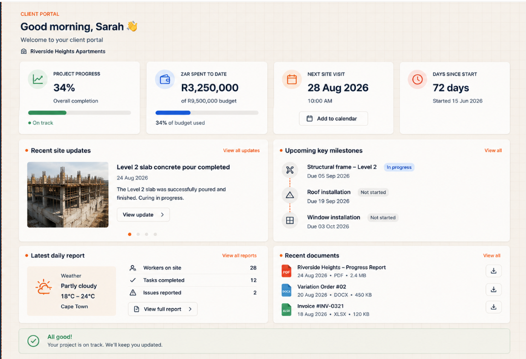 BuildFlow client portal showing approved project information