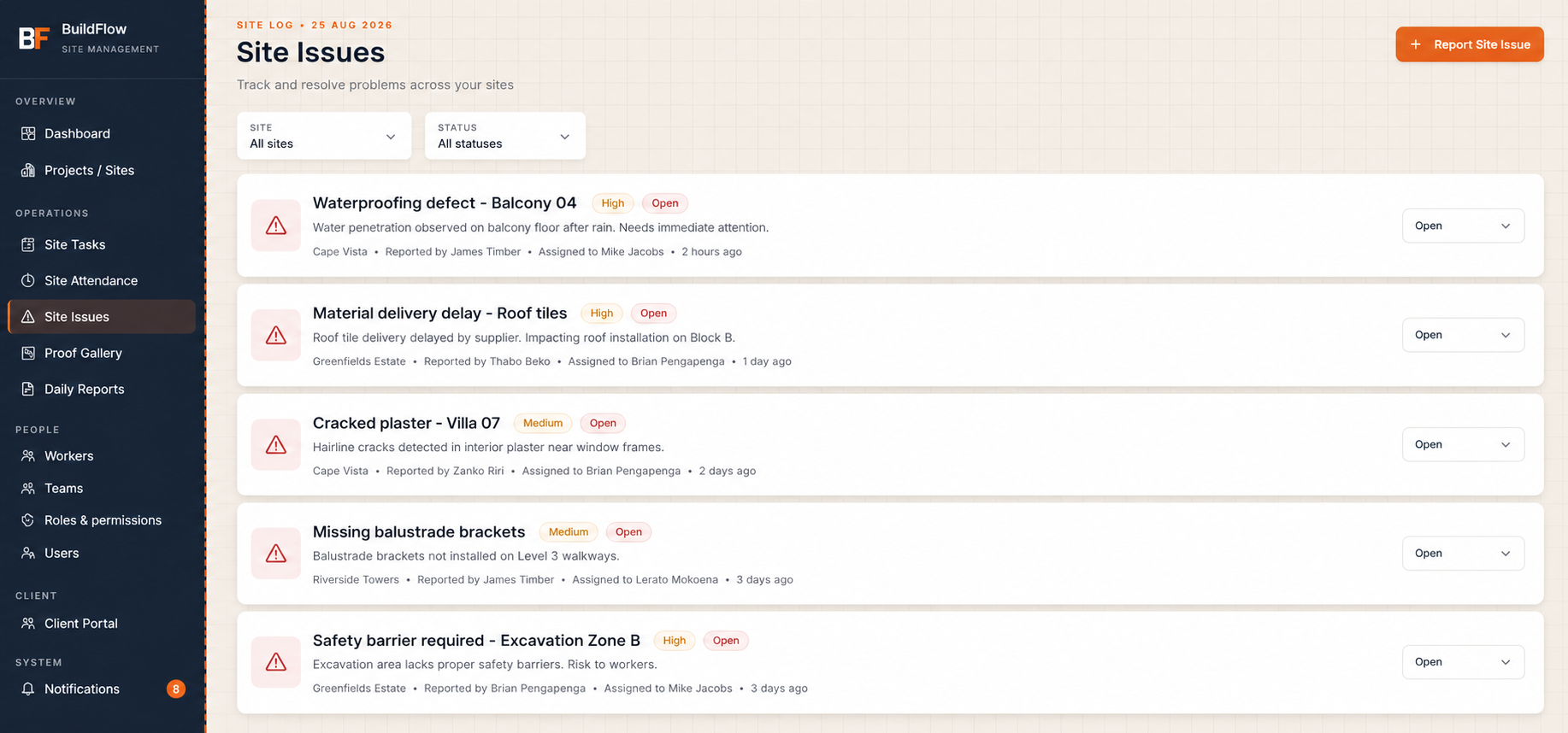 BuildFlow site issues list showing status, priority and assignee